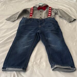 Cat & Jack Gray Shirt with Red Suspenders and Blue Jeans